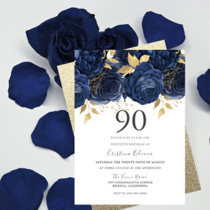 90:e Födelsedagsfest för Blommigten Navy Indigo Bl Inbjudningar