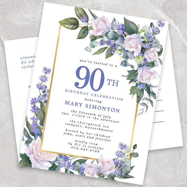 90:e Födelsedagsfest för Blue White Guld Blommigt Inbjudan Vykort (Skapare uppladdad)