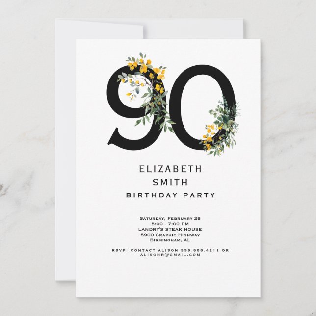 90:e Födelsedagsfest för Elegant av gult Blommigt Inbjudningar (Framsida)