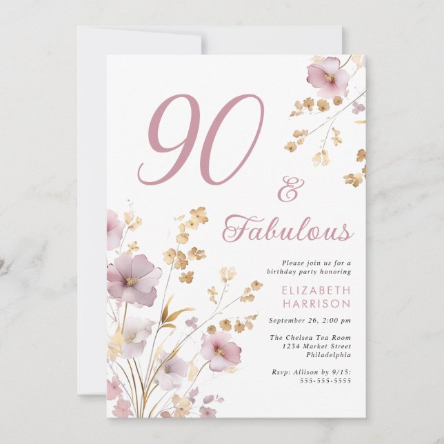 90:e Födelsedagsfest för elegant av Wildblommans v Inbjudningar (Framsida)