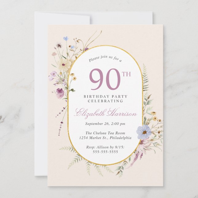 90:e Födelsedagsfest för elegant av Wildblommans v Inbjudningar (Framsida)