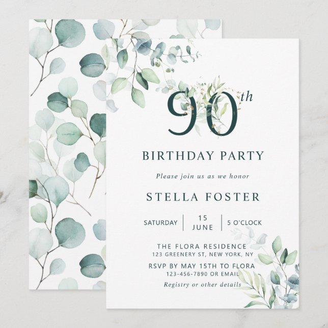 90:e Födelsedagsfest för eukalyptus botaniskt numm Inbjudningar (Fram/baksida)