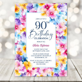 90:e Födelsedagsfest för färgstark Blommigt Inbjudningar