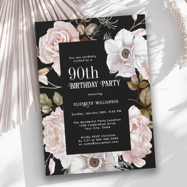 90:e Födelsedagsfest för feminin vattenfärgad Blom Inbjudningar (Celebrate a milestone birthday with this feminine Winter Roses Watercolor Invitation.)