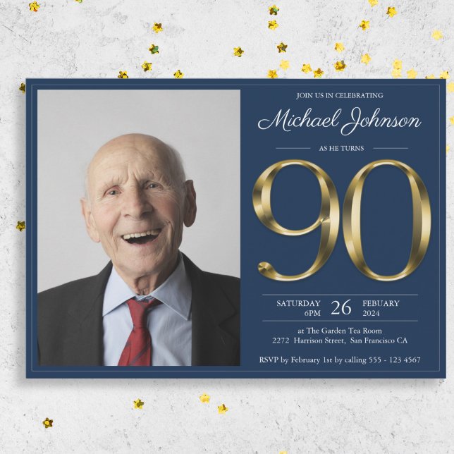 90:e Födelsedagsfest för foto av Guld Navy Blue Cl Inbjudningar (Gold Navy Blue Classy Photo 90th Birthday Party Invitation)