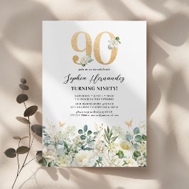 90:e Födelsedagsfest för grönt och vit Blommigt Inbjudningar