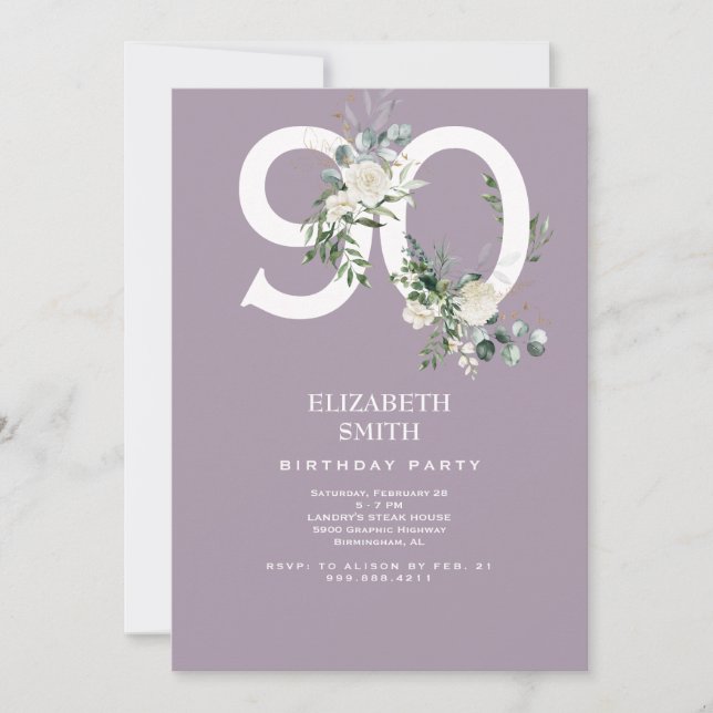 90:e Födelsedagsfest för Lavender White Blommigt E Inbjudningar (Framsida)