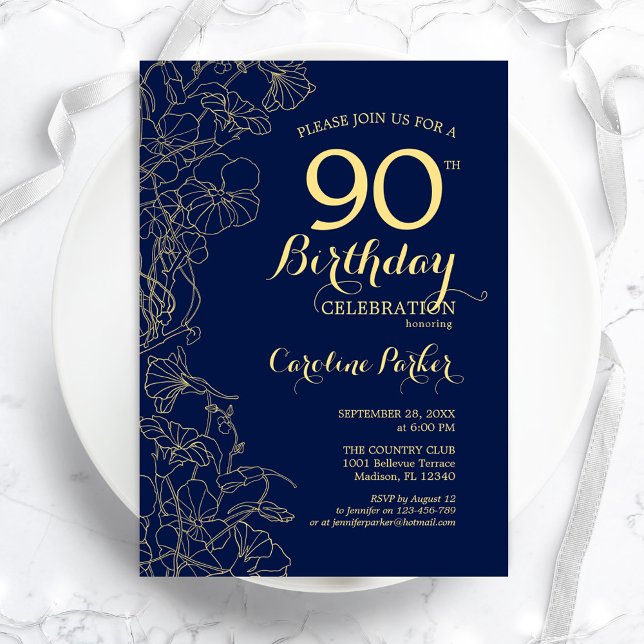 90:e Födelsedagsfest för marinblå Guld-Blommigt Inbjudningar (Skapare uppladdad)