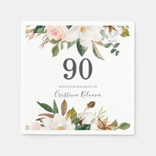 90:e Födelsedagsfest för  och vita blommor Pappersservett