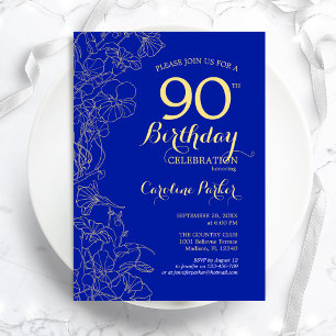 90:e Födelsedagsfest för Royal Blue Guld Blommigt Inbjudningar