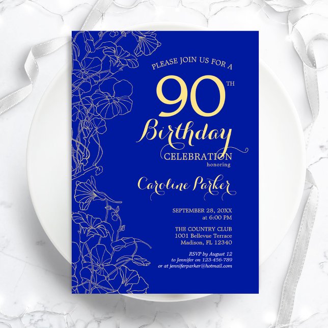90:e Födelsedagsfest för Royal Blue Guld Blommigt Inbjudningar (Skapare uppladdad)