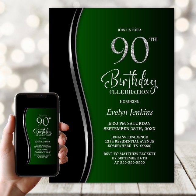 90:e Födelsedagsfest för svart Grönt Inbjudningar (Skapare uppladdad)