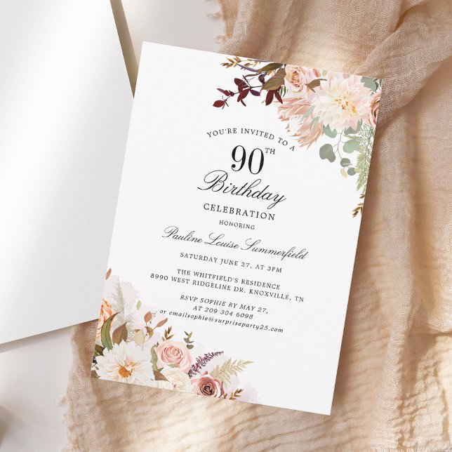 90:e Födelsedagsfest för vattenfärgsBlommigt Inbjudningar (Watercolor Floral 90th Birthday Party Invitation)
