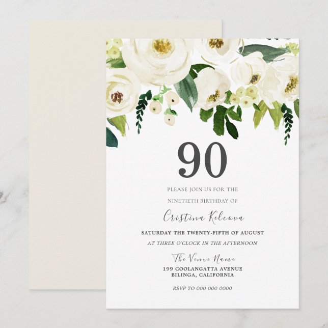 90:e Födelsedagsfest för vitblommor och Cream-Eleg Inbjudningar (Fram/baksida)
