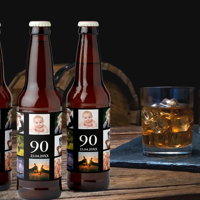 90:e födelsedagsfest fotokollage, svart ölflaska etikett (Skapare uppladdad)
