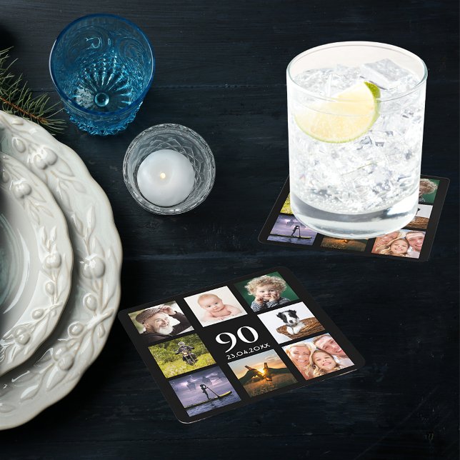 90:e födelsedagsfest fotokollage, svart underlägg papper kvadrat (Skapare uppladdad)