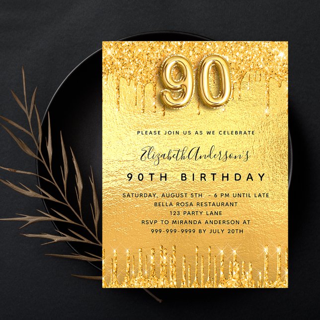 90:e födelsedagsfest guld glitter droppar inbjudningar (Skapare uppladdad)