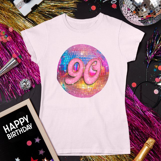 90:e Födelsedagsfest Guld Rosa Glitter Disco Boll T Shirt (Skapare uppladdad)