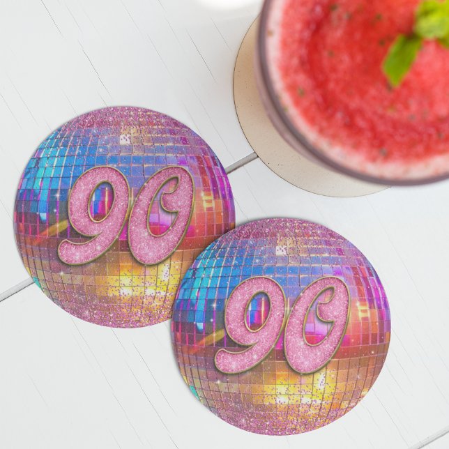 90:e Födelsedagsfest Guld Rosa Glitter Disco Boll Underlägg Papper Rund (Skapare uppladdad)