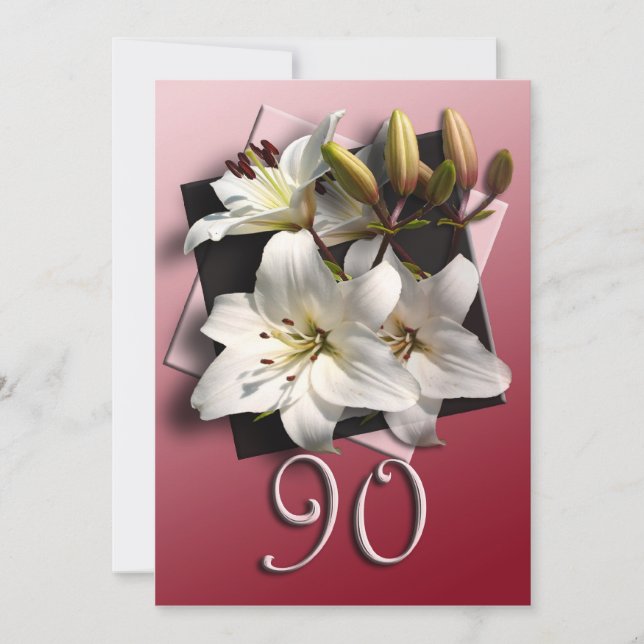90:e Födelsedagsfest inbjudan - vita liljor (Framsida)