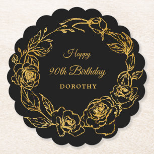 90:e Födelsedagsfest Luxe Guld Ro Blommigt Black Underlägg Papper