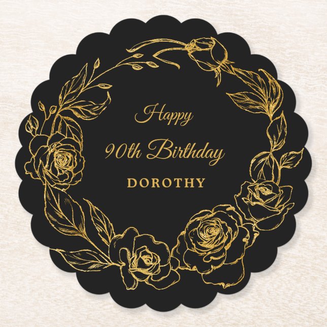 90:e Födelsedagsfest Luxe Guld Ro Blommigt Black Underlägg Papper (Framsida)