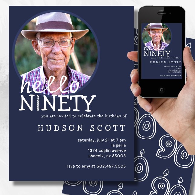 90:e Födelsedagsfest Manar Fotonittioflottblått Inbjudningar (Skapare uppladdad)
