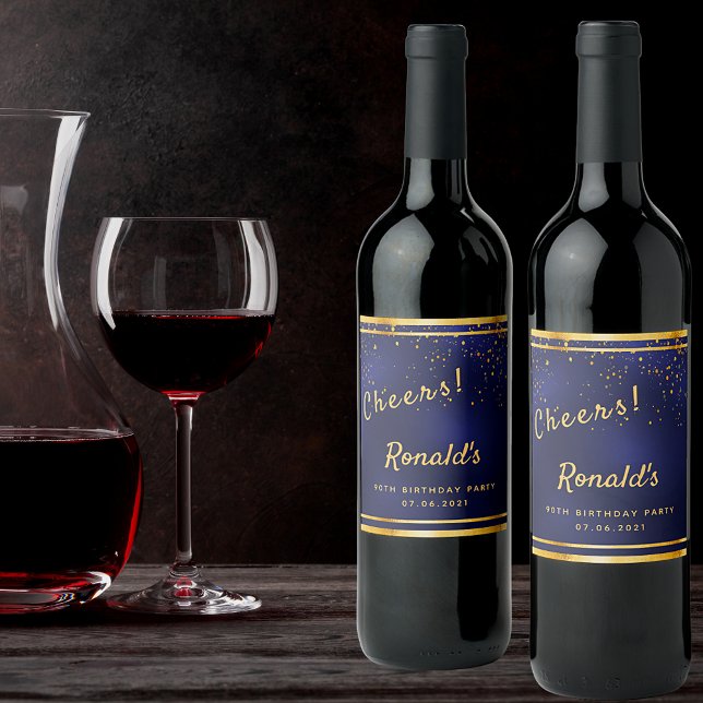 90:e Födelsedagsfest mörk marinblå tuggare från gu Vinflaska Etikett (Skapare uppladdad)