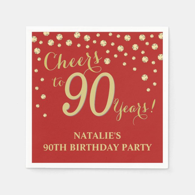 90:e Födelsedagsfest Red och Guld Diamond Napkins Pappersservett (Framsidan)