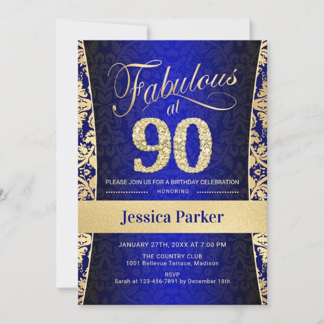90:e Födelsedagsfest - Royalet Guld Blue Inbjudningar (Framsida)
