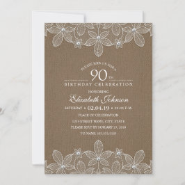 90:e Födelsedagsfest Rustic Burlap Pärlor och Snör Inbjudningar