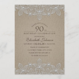 90:e Födelsedagsfest Rustic Burlap Pearls och Snör Inbjudningar
