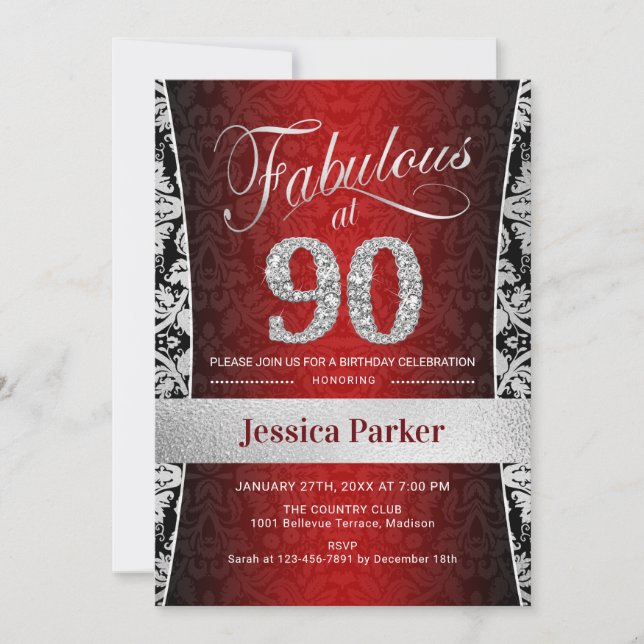 90:e Födelsedagsfest - Silver Black Red Inbjudningar (Framsida)