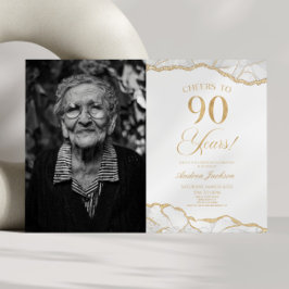 90:e Födelsedagsfesten Bild i Vita Guld Agate Inbjudningar