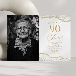 90:e Födelsedagsfesten Bild i Vita Guld Agate Inbjudningar