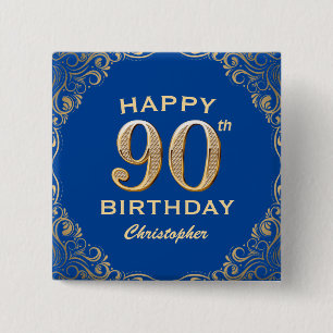 90:e Födelsedagsfesten Blue och Guld Glitter Ram Knapp