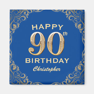 90:e Födelsedagsfesten Blue och Guld Glitter Ram Magnet