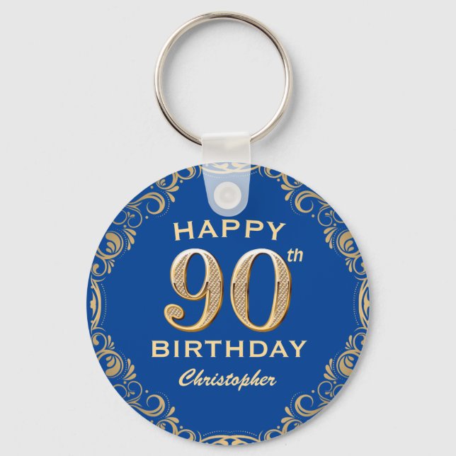 90:e Födelsedagsfesten Blue och Guld Glitter Ram Nyckelring (Framsida)