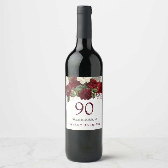 90:e Födelsedagsfesten Burgundy Red Vit ros Vinflaska Etikett (Framsida)
