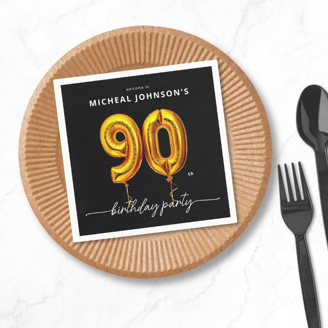 90:e Födelsedagsfesten Guld Balloon Black Pappersservett (Gold Balloon Black 90th Birthday Party Napkins)