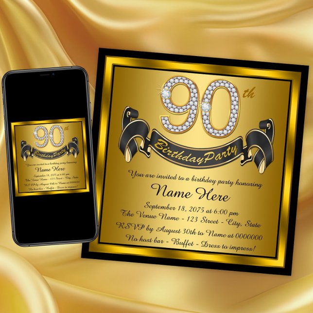 90:e Födelsedagsfesten guld Inbjudningar (Classy 90th birthday party invitation. Instant download and printed invitations available.)
