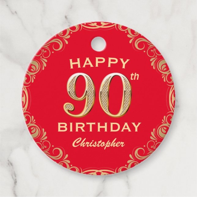 90:e Födelsedagsfesten Röda och Guld Glitter Ram Gåvor Etiketter (Framsida)