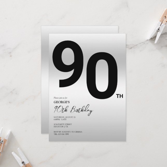 90:e Födelsedagsfesten snyggt Silver Inbjudningar (Fram/Back In Situ)