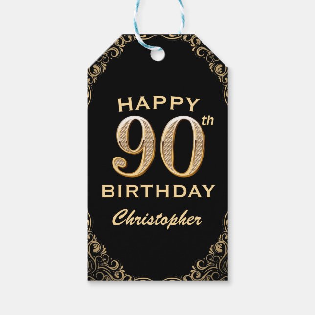 90:e Födelsedagsfesten Svarta och Guld Glitter Ram Presentetikett (Framsidan)