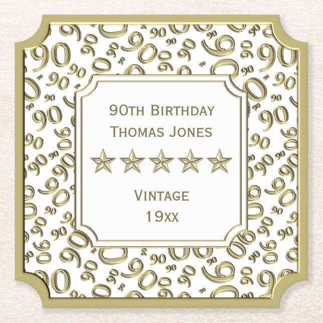 90:e födelsedagsfestvit/guld- mönstertema underlägg papper (Framsida)