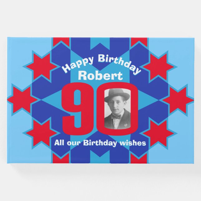 90:e födelsedagsfotostjärna röd, blå gäst bok (Framsida)