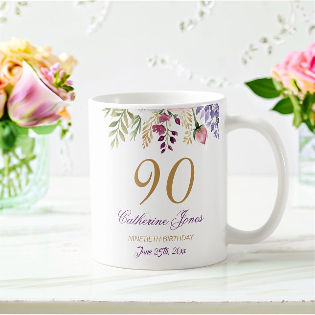 90:e födelsedagsgamla Blommigtar Bouquet Guld-acce Kaffemugg (Skapare uppladdad)
