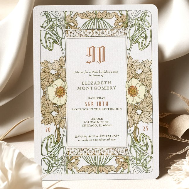 90:e födelsedagsinbjudan Art nouveau från Mucha Inbjudningar (Skapare uppladdad)
