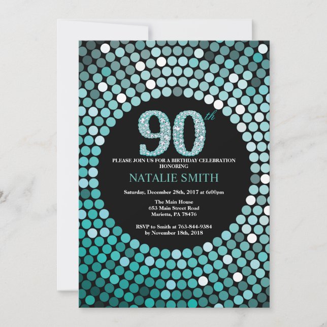 90:e födelsedagsinbjudan Black and Teal Glitter Inbjudningar (Framsida)