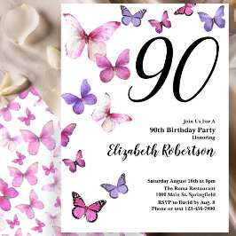 90:e födelsedagsinbjudan för fjäril i Rosa/Lila Inbjudningar